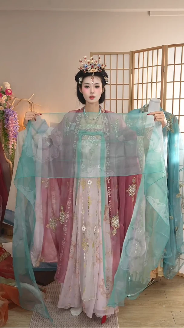 云罗蓝色印花披帛