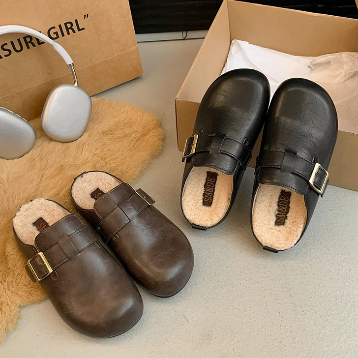 厚底加绒皮面勃肯女鞋包头半拖鞋女外穿2025新款秋冬毛毛拖鞋棉拖