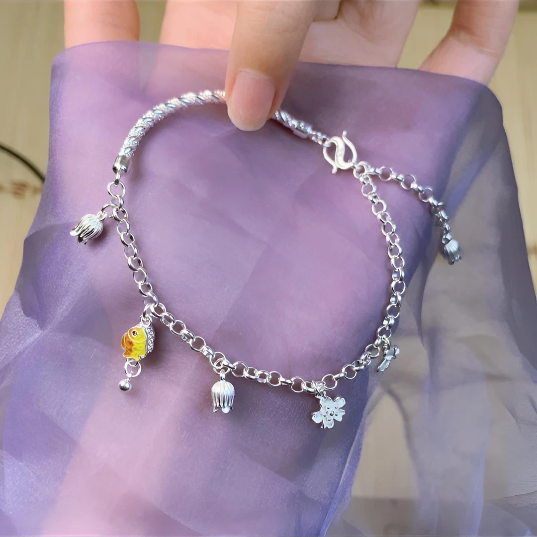 足银珐琅手链 足银手链新中式铃兰花珐琅小鱼弯管半镯手链