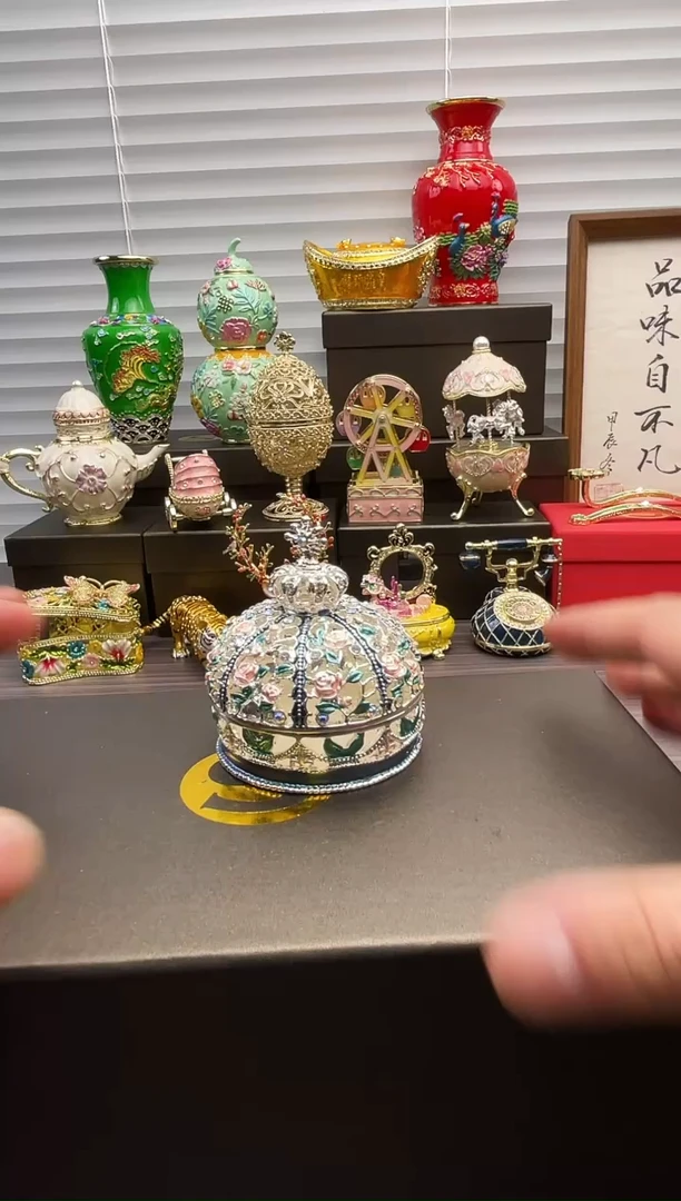 金属七宝烧首饰盒  银蓝色皇冠