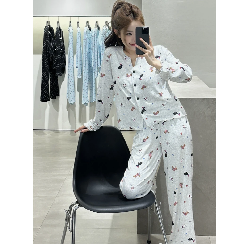 女款纯植物纤维抗敏时尚腊肠狗2件套带胸垫家居服冬季秋冬睡衣