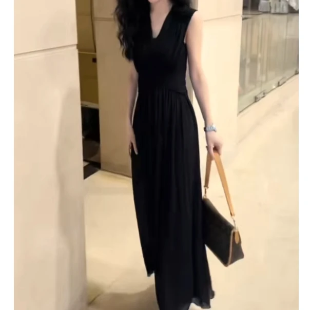 纯色法式长款连衣裙气质时尚收腰V领显瘦CY51422