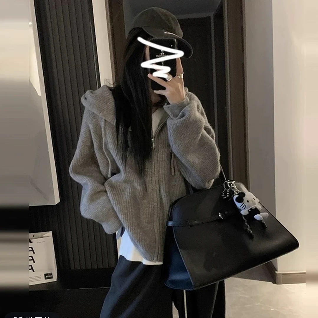 韩系连帽拉链毛衣女秋冬2025新款内搭慵懒高级感针织开衫卫衣外套