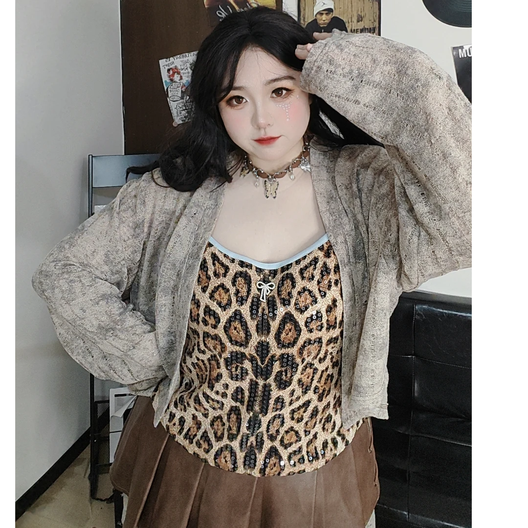 猎豹寻礼//豹纹吊带性感风套装胖MM复古小众女装性感短款辣妹法式