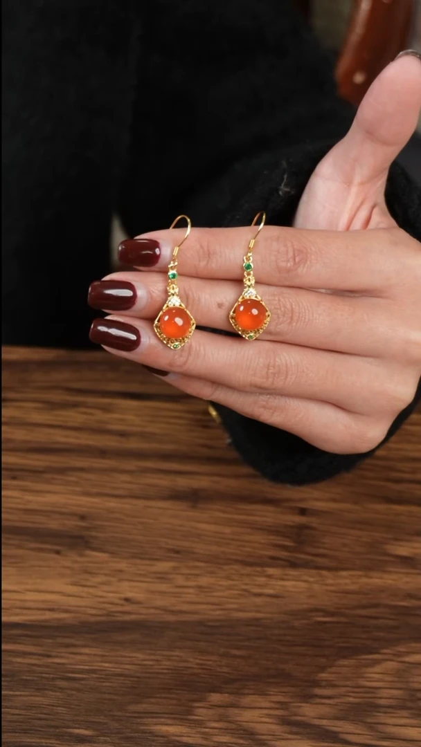 银S925镀金镶嵌南红玛瑙耳坠冰红耳坠