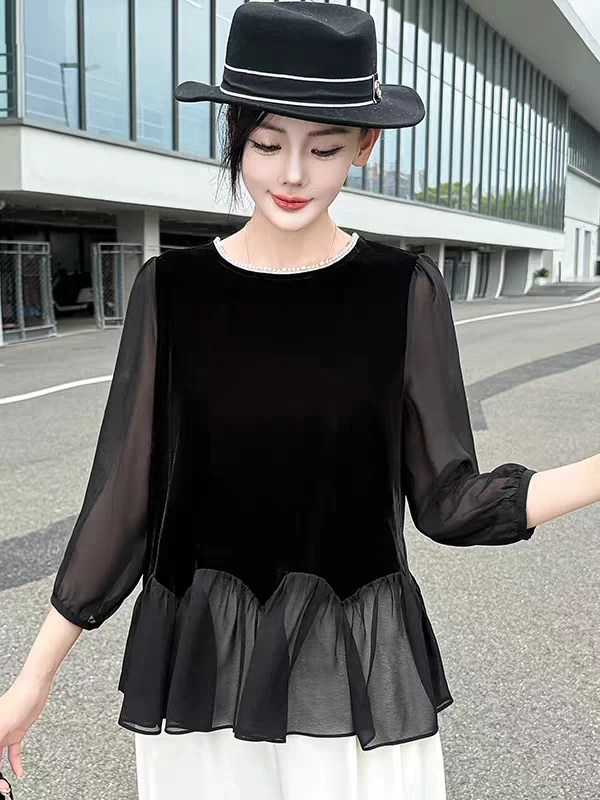 25147钉珠打底衫拼接衬衫法式小衫圆领雪纺衫蕾丝黑色植绒遮肚子