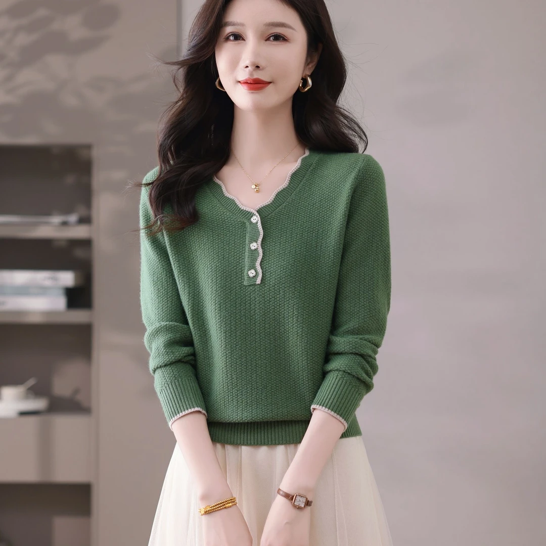 春季2025新款长袖毛衫高档洋气毛衣女士宽松打底鸡心领针织衫女装