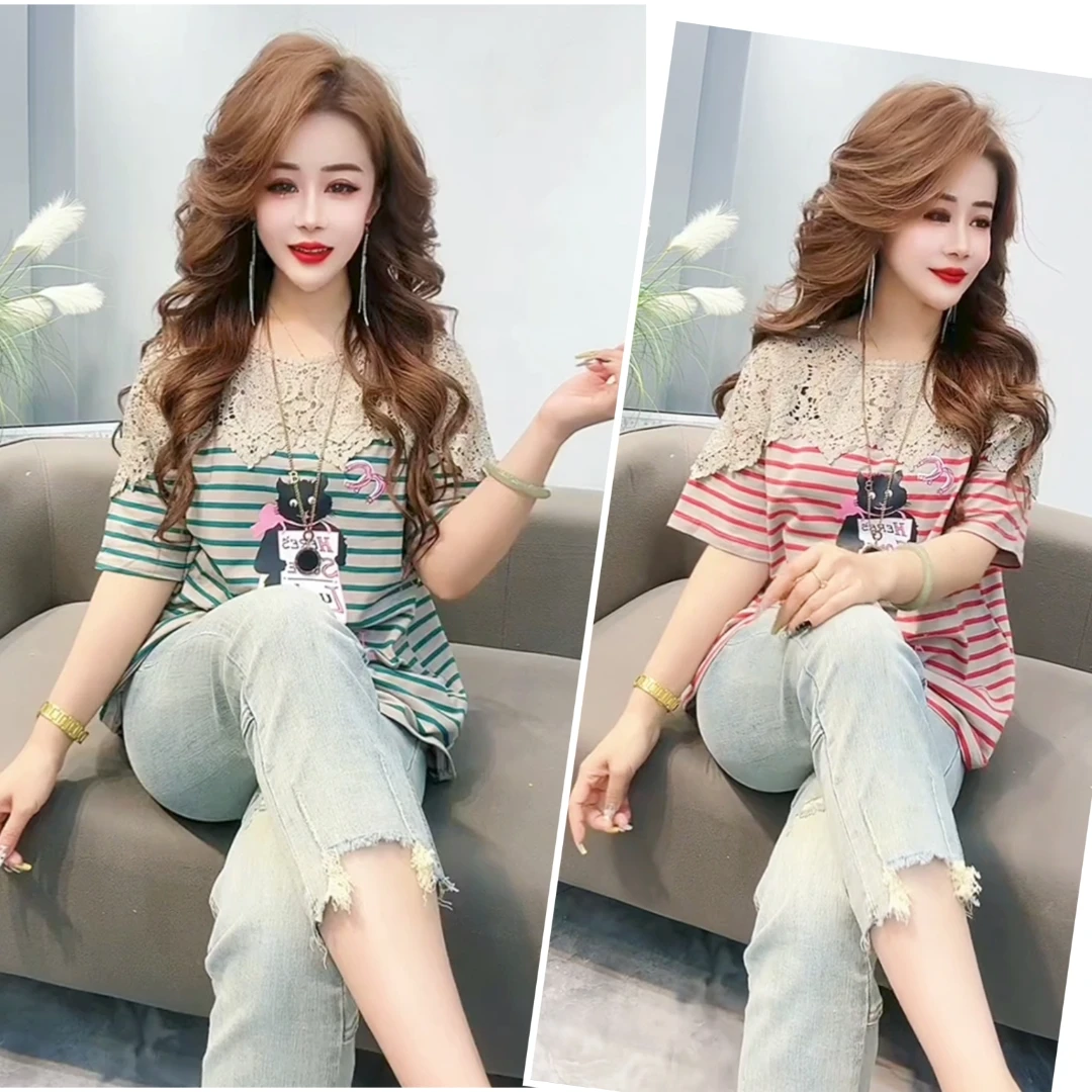 蕾丝大码条纹短袖宽松拼接上衣夏季中长款2025新款T恤爆款外穿遮
