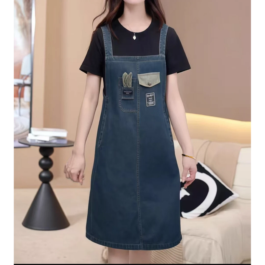 小施家南韩设计版拼接显瘦显高假两件牛仔连衣裙1611