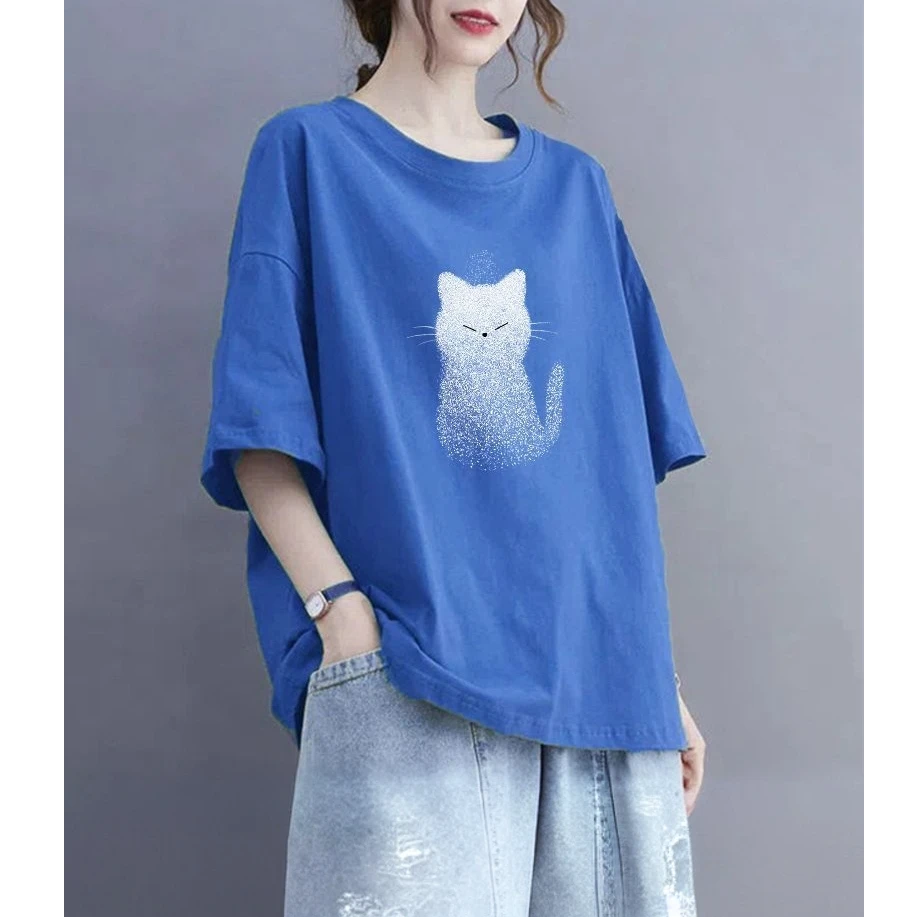 蓝色高品质纯棉短袖T恤女夏季新款时尚复古猫咪印花欧货小衫上衣