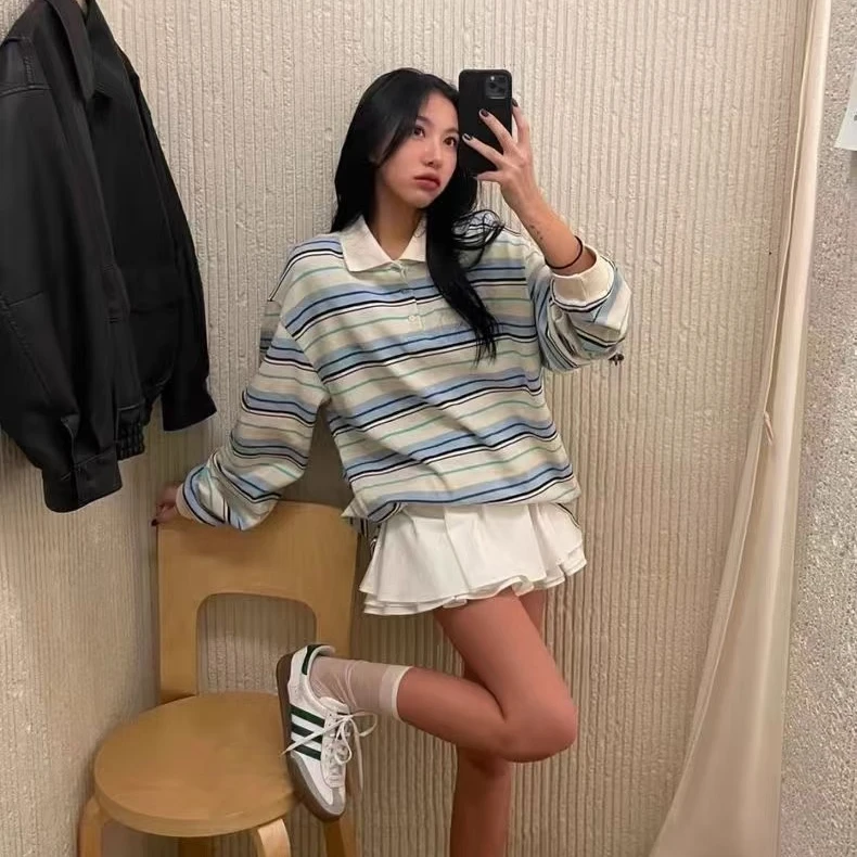 现~grove 2025春季新款 车静媛杨彩钰同款条纹长袖T恤