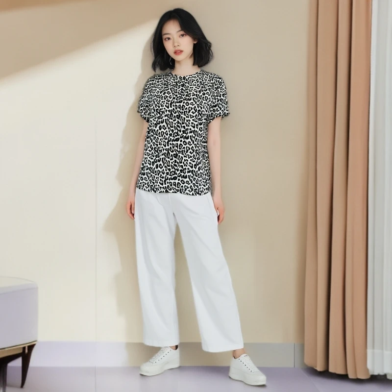 7B167 1短袖圆领印花休闲T恤豹纹女士时尚