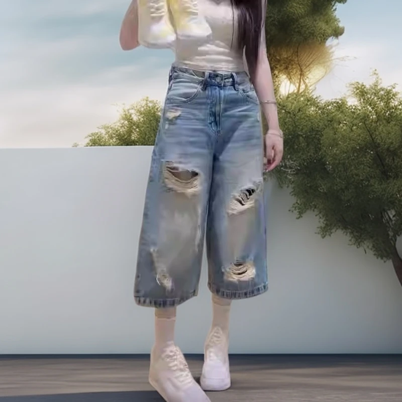夏季新款美式复古高腰显瘦直筒牛仔裤大码百搭遮胯破洞七分阔腿裤