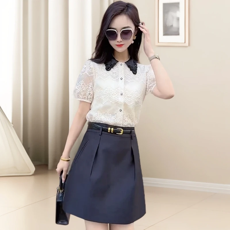 娃娃领减龄刺绣蕾丝灯笼袖短袖薄上衣2025夏季新款时尚洋气衣服女