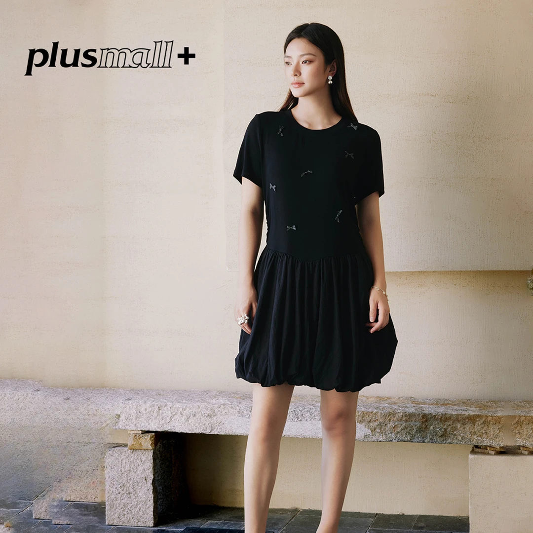 PLUSMALL 千金日记 针织螺纹拼接格子蝴蝶结花苞连衣裙PM2506222