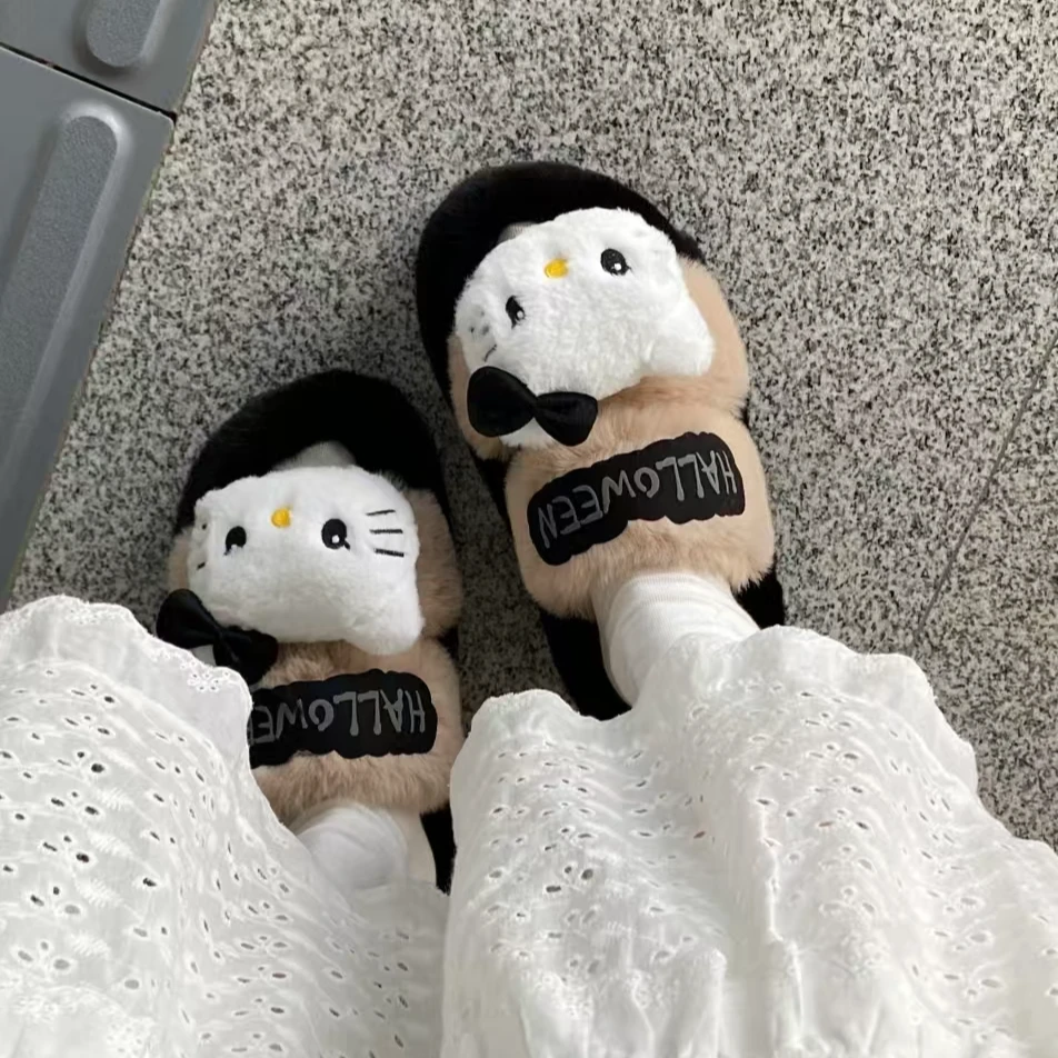 hellokitty拖鞋毛绒冬款可爱卡通居家室内女一字防滑厚底毛毛拖鞋