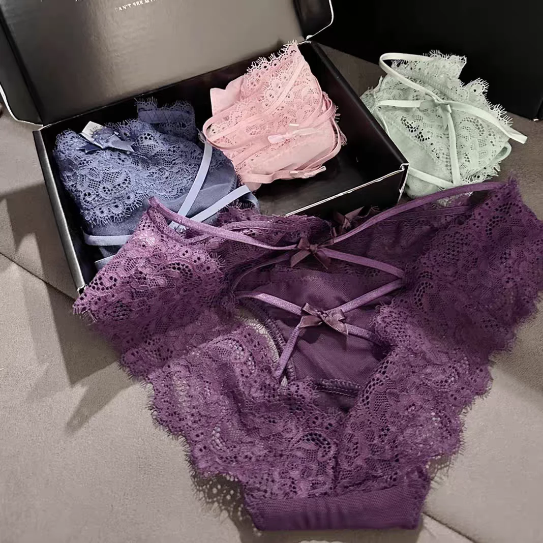 魅惑交织~女士性感纯欲紫色低腰绑带法式镂空蕾丝薄款网纱内裤女
