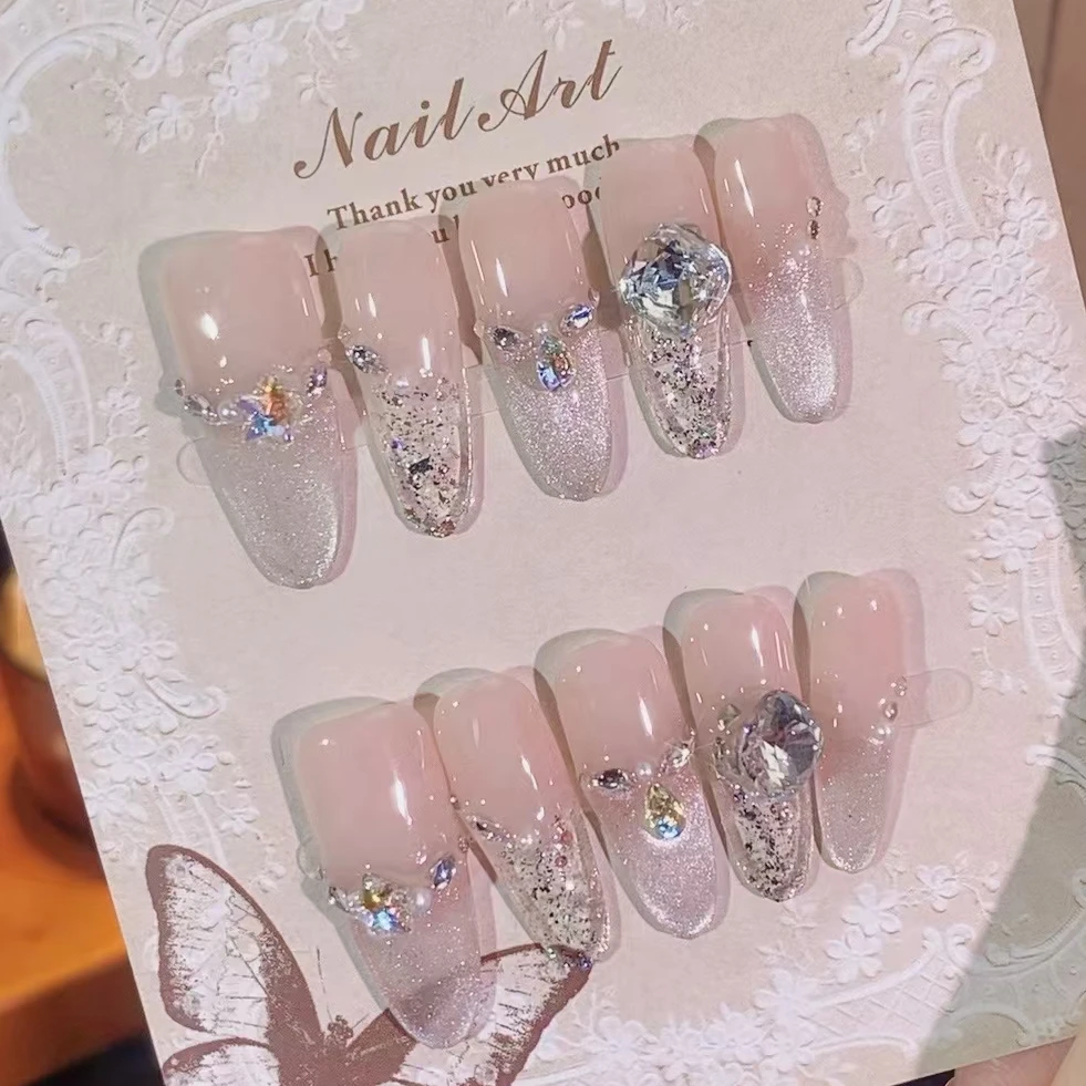 【月落星河】爆闪显白浅香槟色猫眼碎闪亮片K9钻气质穿戴甲手工夏季