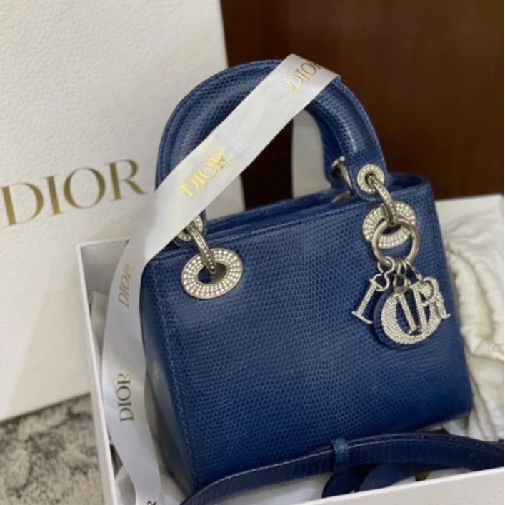 99新 DIOR/迪奥 小花6枫迪奥 蜥蜴皮 钻扣 三格戴妃包 蓝色银扣