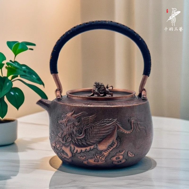 【神兽系列】1200ML貔貅錾刻提梁壶烧水壶纯手工锤纹精品茶具茶器