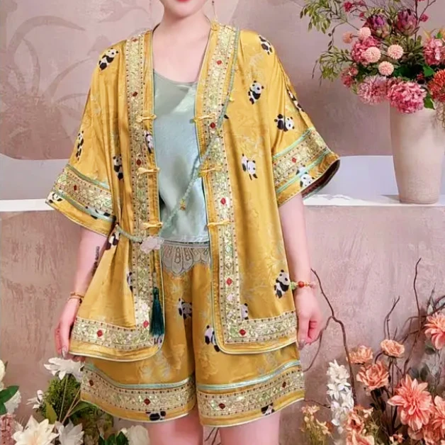 【两件套】新中式夏季薄重工刺绣提花缎中袖外套女气质富贵短裤套装