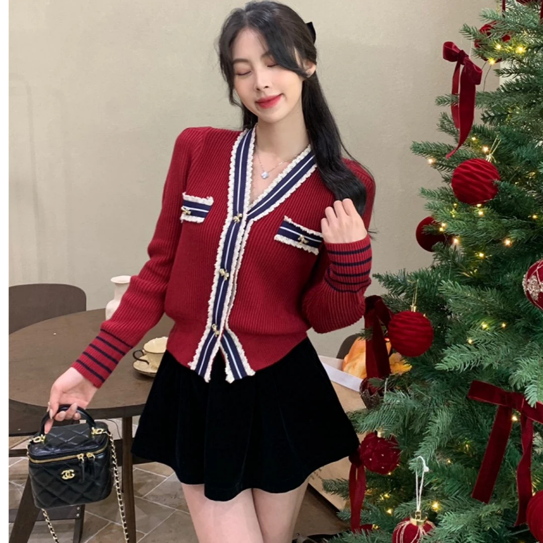 秋冬新款法式小香风V领开衫轻奢修身显瘦纯欲慵懒风毛衣上衣外套