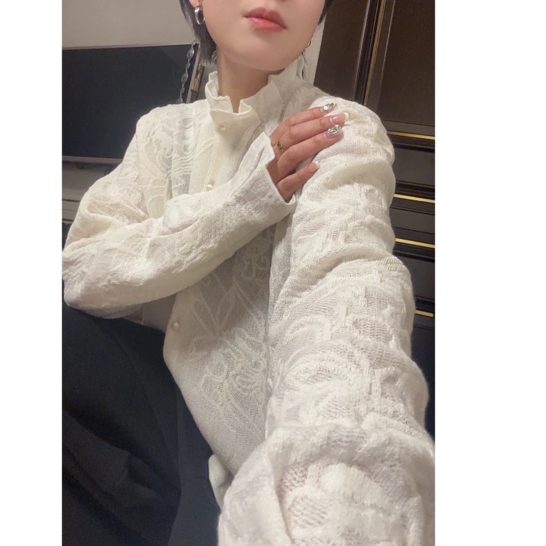 加厚蕾丝立体花纹上衣袖立领加厚植物花卉针织