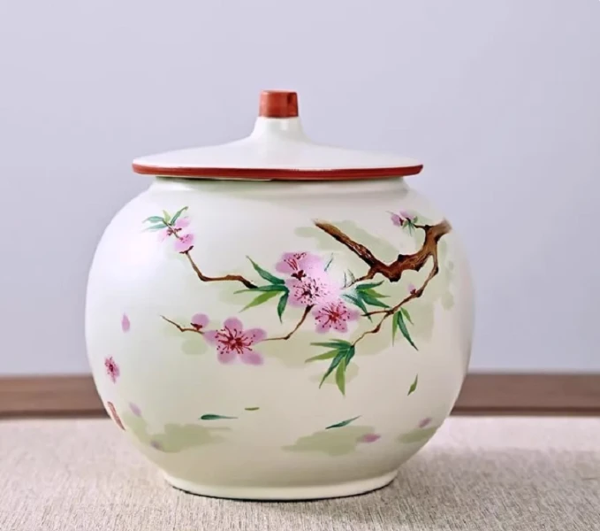 复古陶瓷米黄汝窑水点桃花茶叶罐-5168