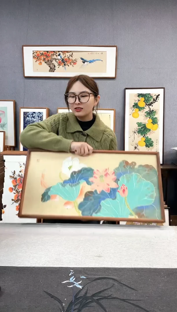 【闪购商品】国画唐以宁-纯手绘带框作品-35*68-荷花