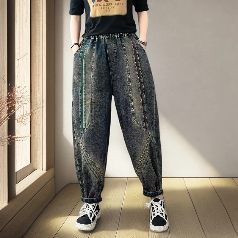 2025九分裤春款高货宽松厚款百搭双彩条休闲松紧水洗哈伦裤牛仔