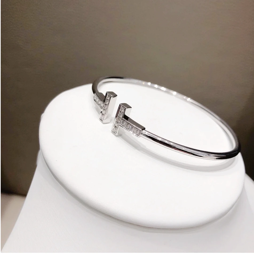 99新 Tiffany & Co./蒂芙尼 小花6枫 18k白金 镶钻双T 手镯 M码