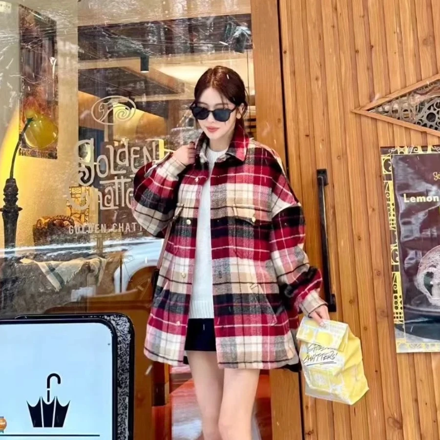 未使用 Celine/思琳 汤/P235603786/深红色格子羊毛大衣外套