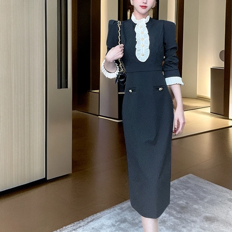 【冯艳定制】2024秋冬时尚新款黑色长袖百搭修身显瘦连衣裙21557