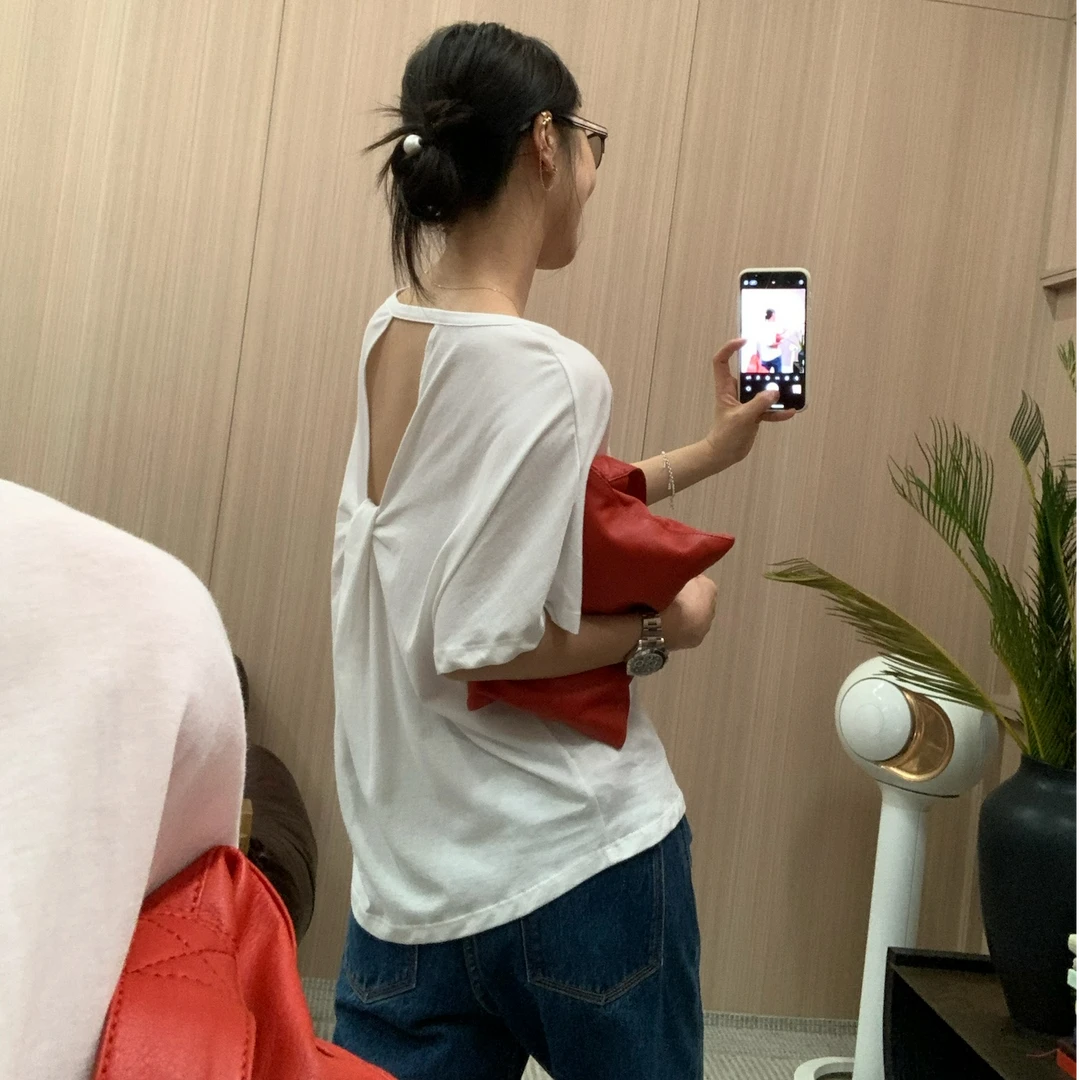 ByJunjun【蝴蝶背】 扭结露背短袖T恤夏季宽松百搭上衣