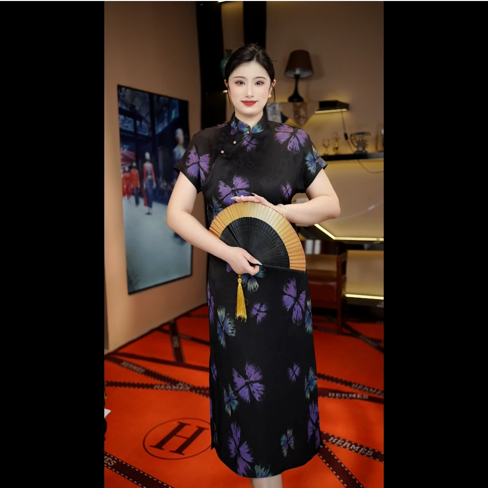 【紫蝴蝶】夏季宽松显瘦旗袍领品质短袖长款改良旗袍连衣裙