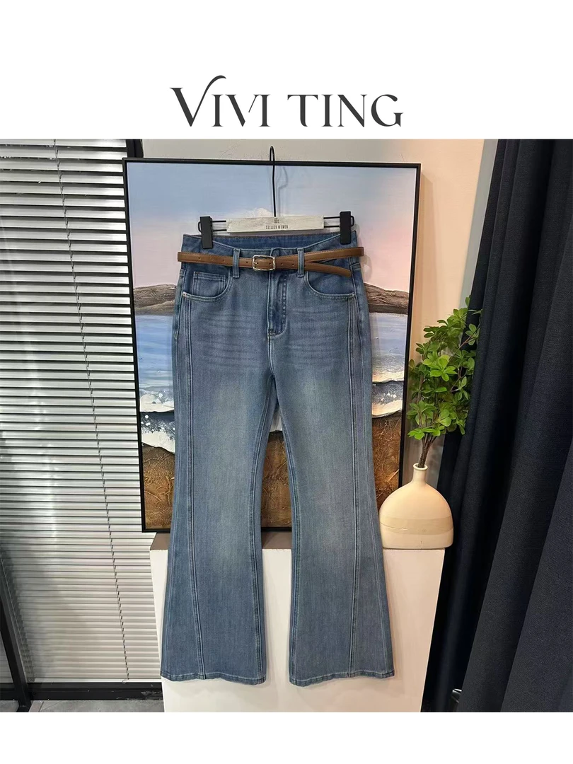 【VIVI·TING】婷姐推荐春装时尚一粒扣腰带侧缝前移牛仔喇叭裤k16