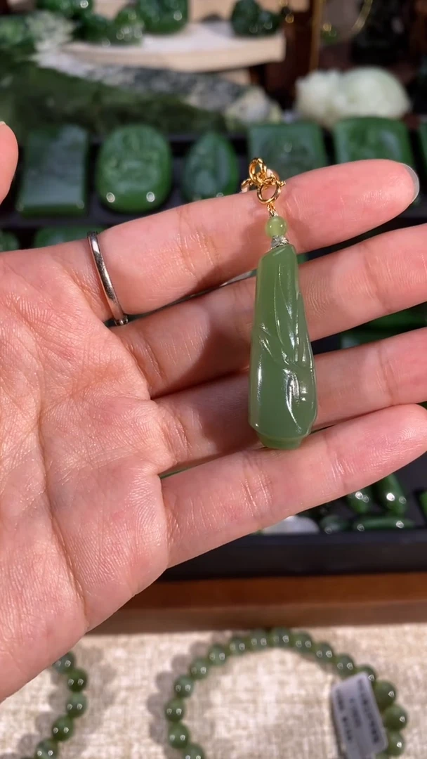 吊坠(不含链)银S925镶嵌和田玉和田玉粉绿竹节吊坠