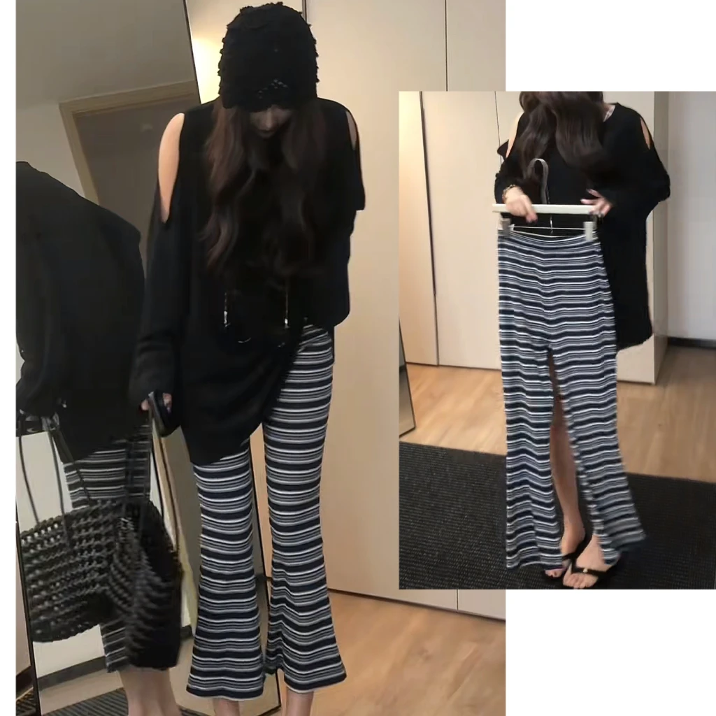 气质微喇条纹裤九分裤韩版慵懒感百搭弹力裤子时尚洋气打底裤显瘦