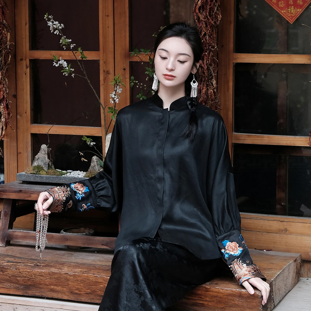 盛唐婧|真丝新中式绣花中国风复古时尚衬衫