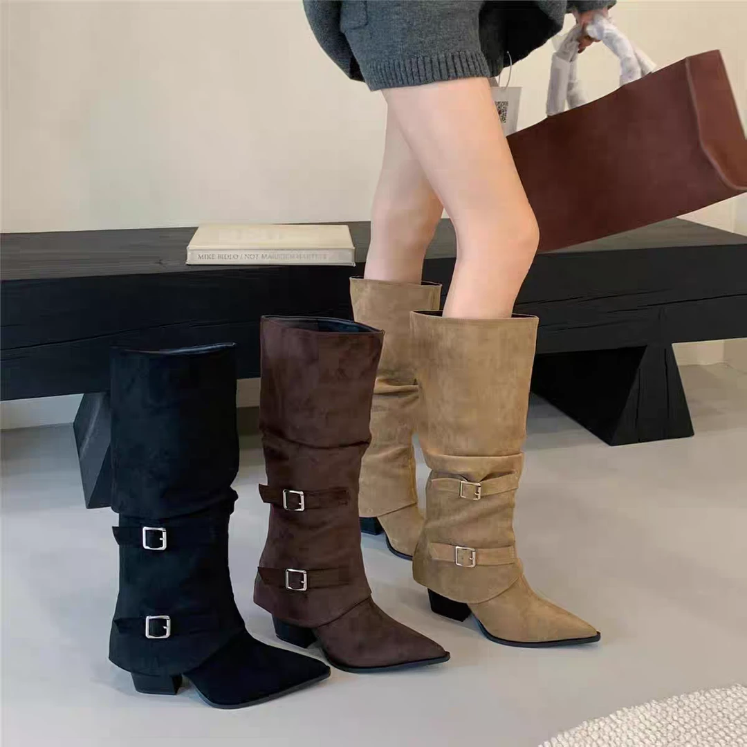 绒面尖头褶皱堆堆靴女2025秋冬新款可拆卸两穿细跟长筒靴高跟短靴