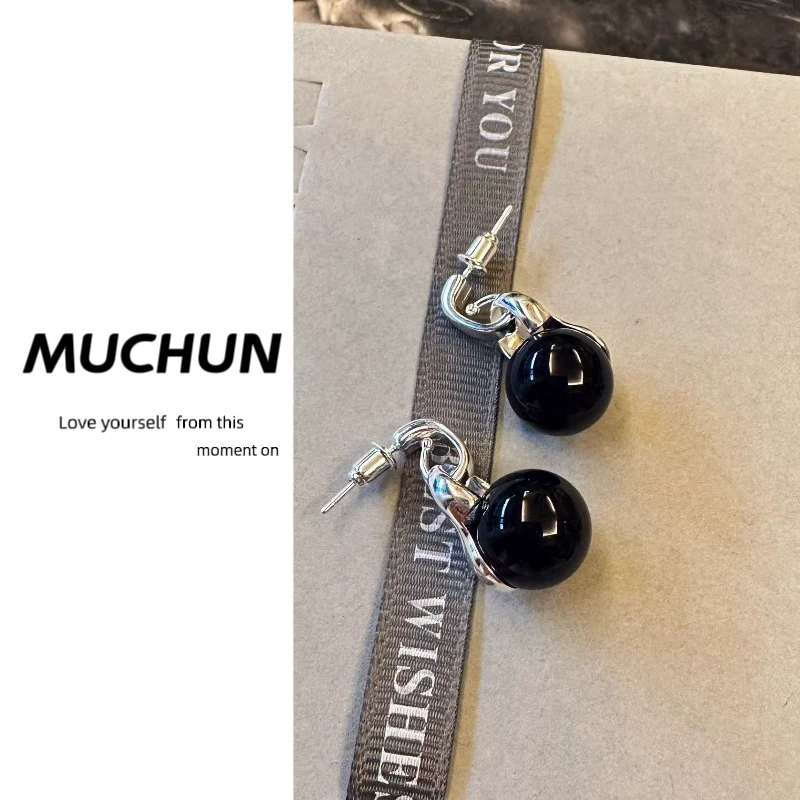 慕纯MUCHUN 黑玛瑙圆珠耳钉 925银