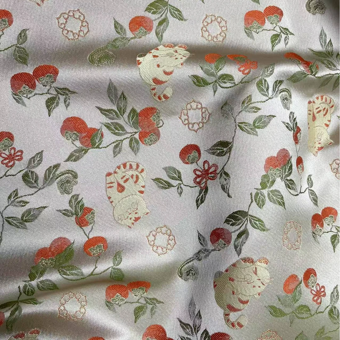 宋锦服装面料 柿柿如意猫  国风新中式面料