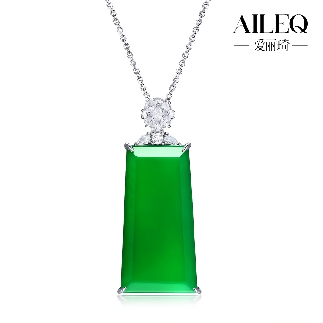 AILEQ 铜合金镶天然玉髓新品满绿方庭平安无事牌吊坠时尚珠宝项链