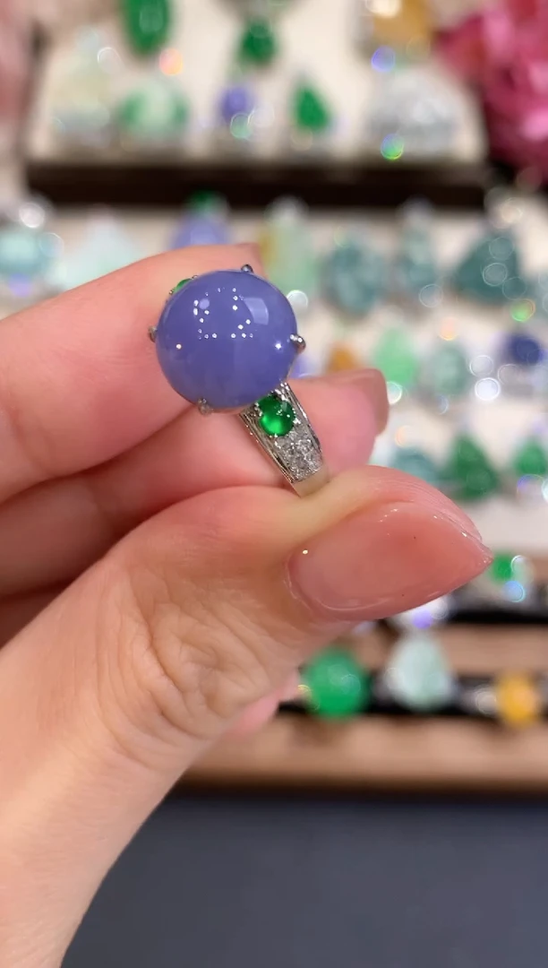 18K金镶嵌戒指翡翠w44紫货有色差