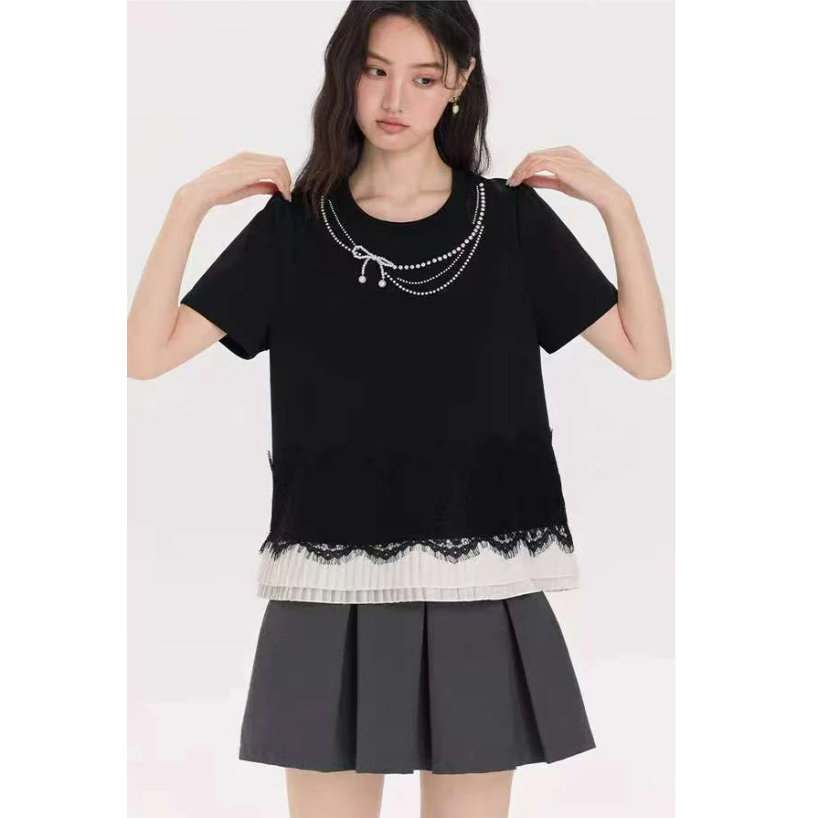【清仓】8361大码短袖显瘦正肩韩版钉珠t恤女夏季新款蕾丝拼接上衣