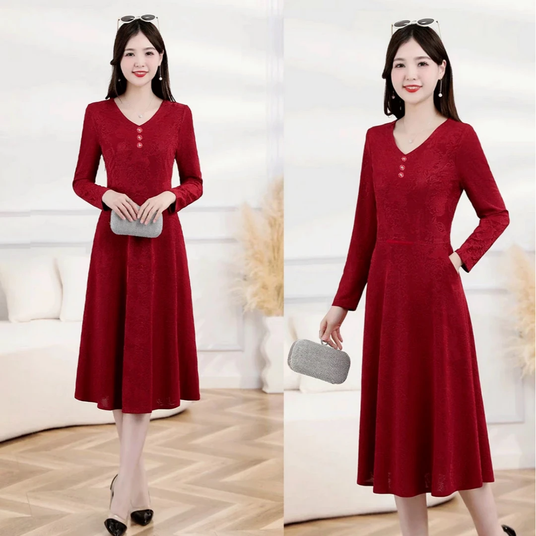 JIRUIMAN/吉瑞曼春装时尚V领印花气质中长款A字连衣裙Q517