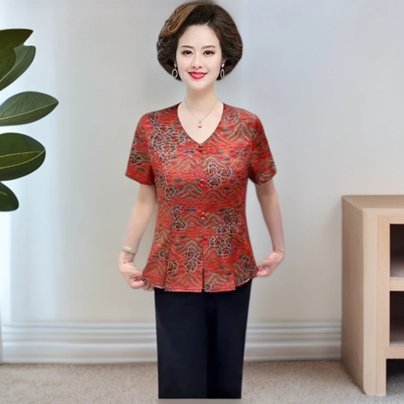 中老年夏装V领高贵短袖上衣收腰显瘦时尚复古妈妈装