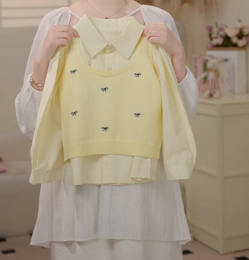 【现货】2025春季韩版儿童黄色刺绣马甲学院风衬衫套装250305C