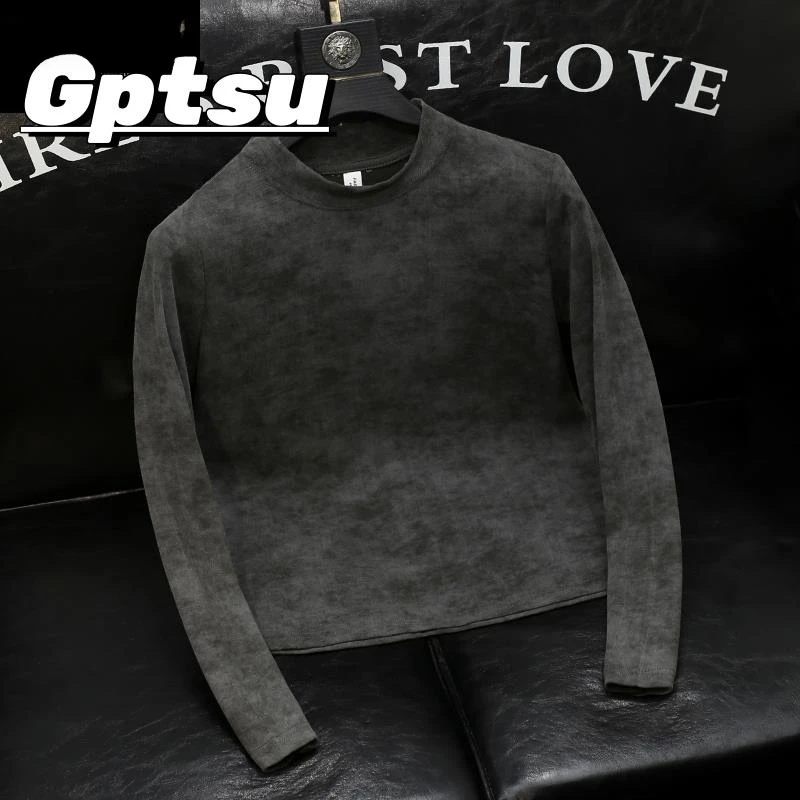GPTSu半高领长袖T恤男士青年紧身高端帅气脏脏风复古休闲打底潮T