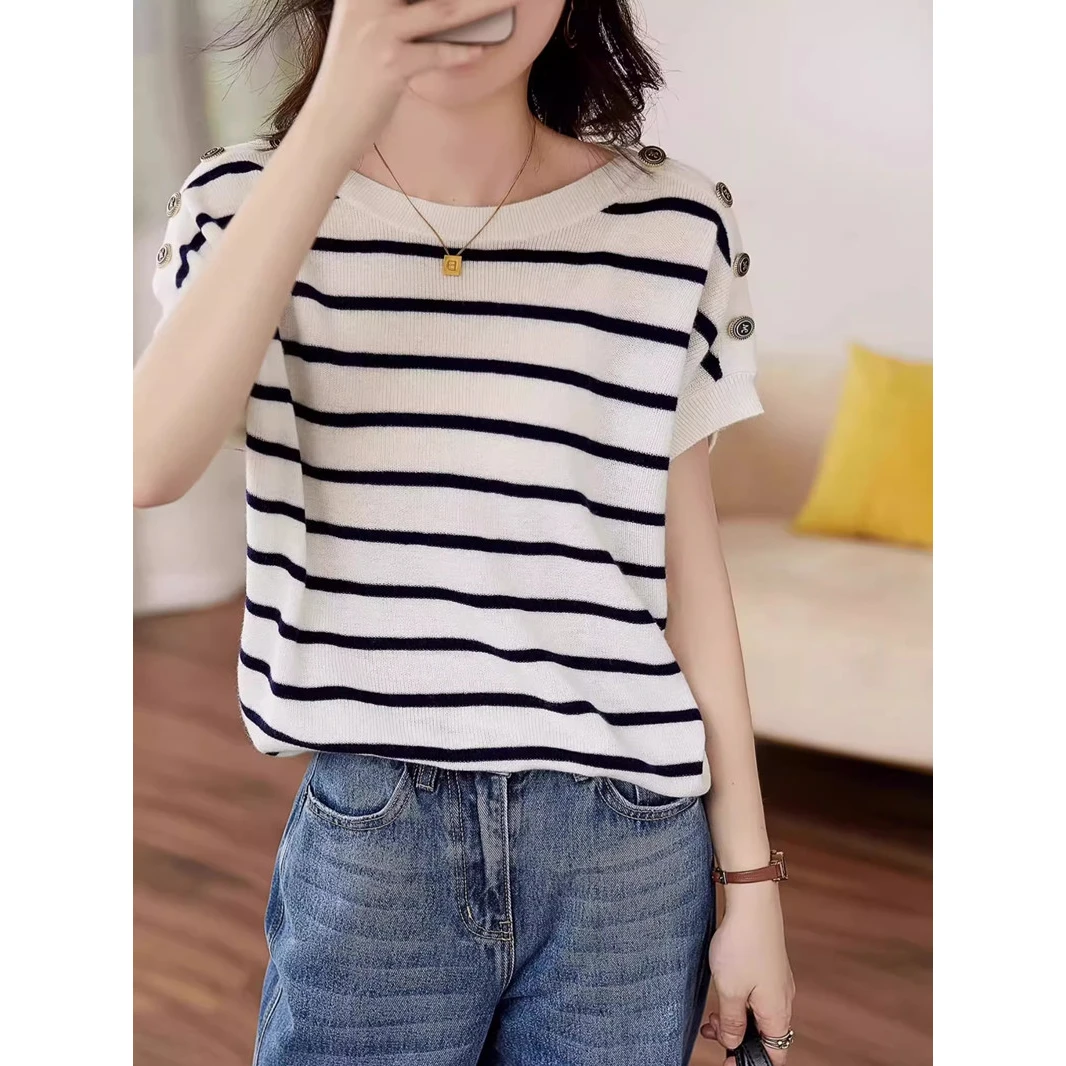 冰丝针织短袖t恤女夏季新款条纹撞色韩版设计感减龄宽松套头上衣
